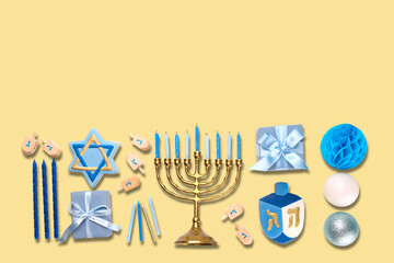 Hanukkah, decorations including a menorah and dreidels
