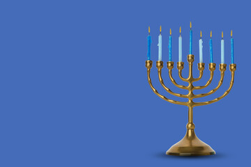 Menorah with nine blue candles on a blue background