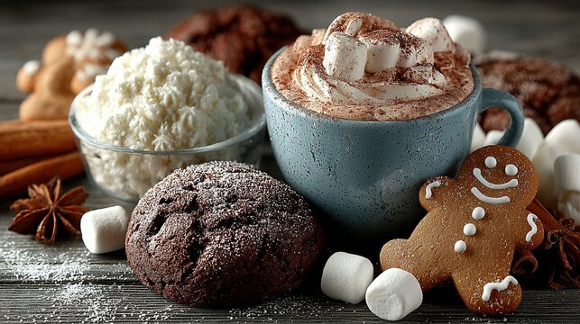 Hot chocolate with marshmallows whipped cream cookies and gingerbread man on table.