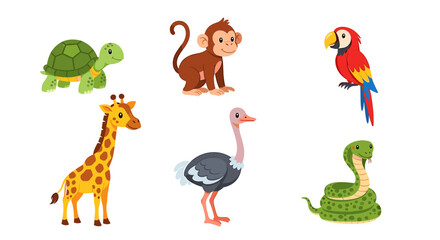 Fototapeta premium Adorable cartoon animals ready for playtime fun including a giraffe, monkey, parrot, snake, turtle, and ostrich perfect for children's learning materials