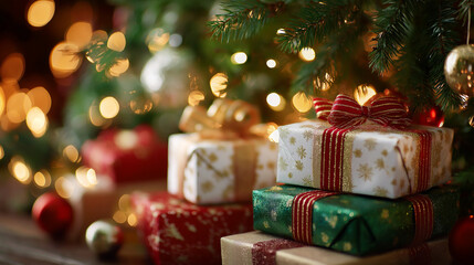 Holiday Presents Under the Tree: An image of Christmas gifts beautifully wrapped in festive paper, stacked neatly beneath a decorated tree, perfect for the holiday season.