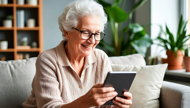Senior woman with gray hair and glasses is smiling while using a tablet in a cozy living room filled with plants and warm natural light, enjoying digital connection and leisure time