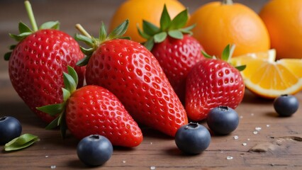 Fresh strawberries, blueberries, and oranges on a wooden surface.