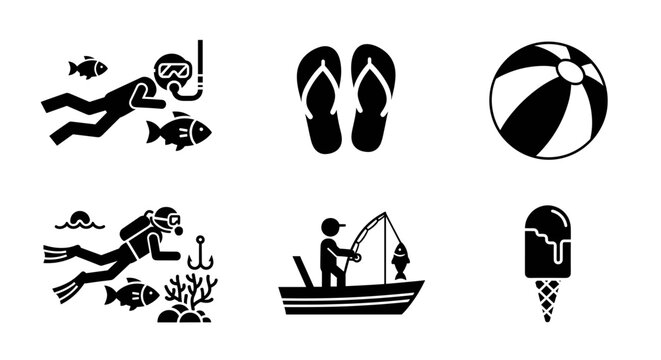 Summer fun icons for vacation vibes, featuring beach ball, ice cream, scuba diving, fishing, and stylish flip flops, perfect for travel designs - Powered by Adobe
