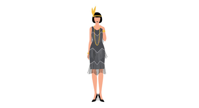 Elegant flapper girl in 1920s fashion with gold jewelry and feather headband, perfect for Gatsby themed party invites or vintage style projects