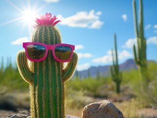 Cool Cactus with Pink Sunglasses in Desert