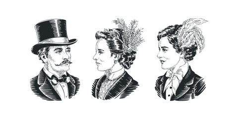 Vintage Portrait Trio of Man and Women in Formal Attire