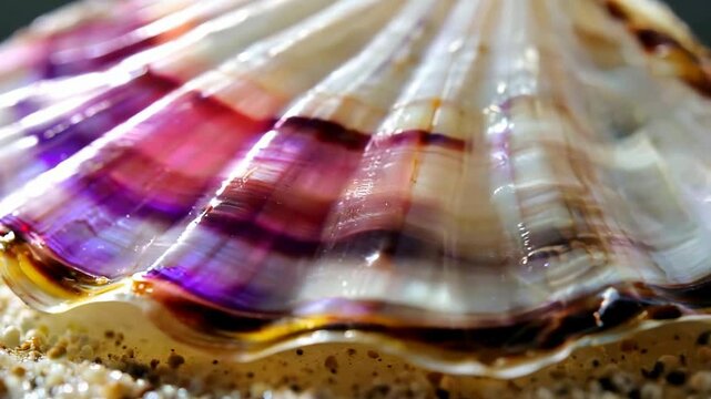 Close-up of a vibrant seashell with purple and white stripes resting on sand, showcasing its intricate texture and natural beauty.