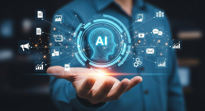 Agentic ai workflow digital interface ai technology hologram business hand data network futuristic concept innovation intelligence connection display analytics chart email icon chat icon gear