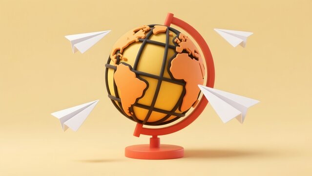 3D illustration showing a globe with an orange map and a red stand