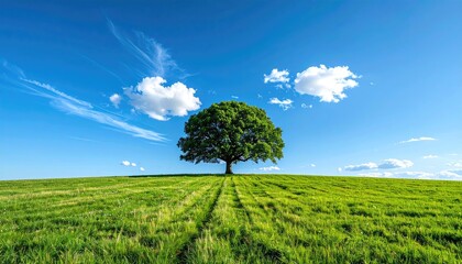 Lone Green Tree Stands Tall in a Lush Meadow Under a Vast Blue Sky with Wispy Clouds and Gentle Sunlight Creating Shadows on the Grassy Field