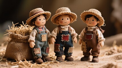 Three adorable handmade farm dolls in straw hats and patchwork overalls stand together on a hayfield, with one holding a burlap sack of golden strawperfectly rustic and  charming!
