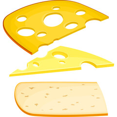 Three Slices of Swiss Cheese Yellow and Light Brown with Holes and Texture Isolated on Transparent Background