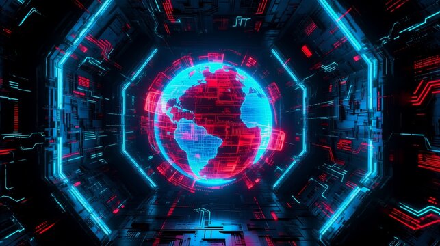 A futuristic cybernetic tunnel with glowing red and blue neon lights leads to a digital Earth at the center, symbolizing global connectivity in a high-tech data network. - Powered by Adobe