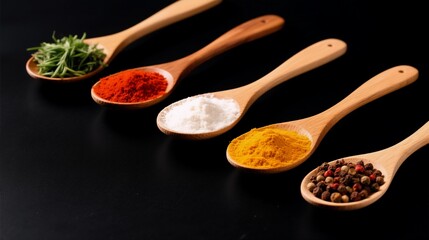 A lineup of wooden spoons on a dark surface, each holding vibrant spices: fresh green herbs, red chili powder, white salt, yellow turmeric, and peppercornsperfect for culinary creativity.