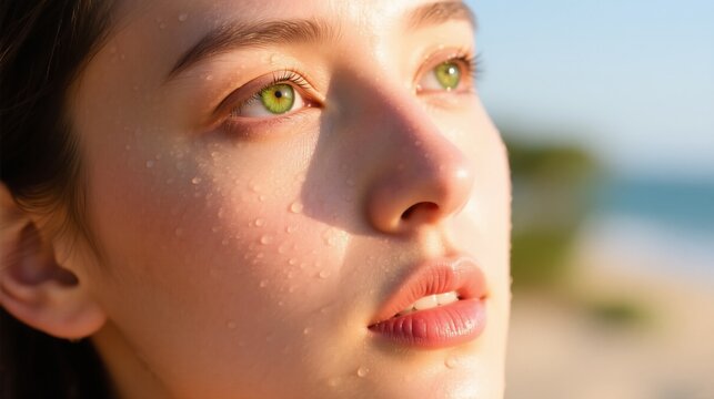 A close-up of a young woman with striking green eyes, glistening skin dotted with sweat droplets under warm sunlightsuggesting shes just emerged from an outdoor activity or is in the heat of a summer 