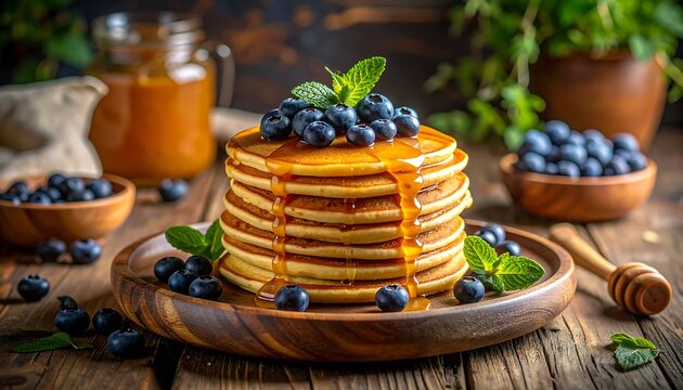 Stack of golden pancakes topped with blueberries and honey