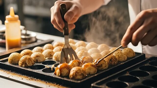 Chef skillfully flips steaming Takoyaki balls on a hot griddle in a professional kitchen setting