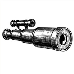 Hand drawn vintage spyglass with sight as an old optical instrument. Engraving style. Vector illustration for travel, adventure, discovery concept