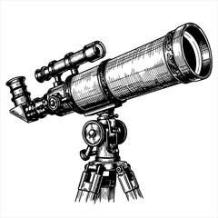 Vintage optical telescope with tripod for astronomy observation and space exploration concept. Engraving style vector illustration for education or science