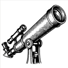 Vintage astronomical telescope with detailed texture for viewing stars and planets. Engraving sketch style isolated element. Vector illustration for science, discovery and education concept.