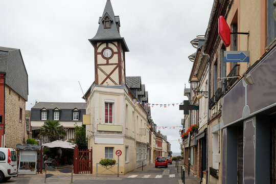 Fototapeta Historic Street with Clock Tower in Small Town