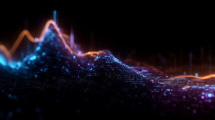 Futuristic 3D visualization of flowing digital particles forming abstract waves and data landscapes, glowing lines and dots representing AI, analytics and technology, cinematic style, AI generated
