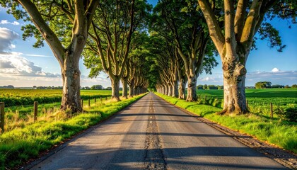 Obraz premium Tree Lined Road During Golden Hour with Green Fields and Blue Sky With Clouds