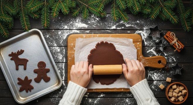 Rolling gingerbread cookies on wooden tray for christmas and new year celebration with hands flour and cookie cutters creating festive holiday baking joy