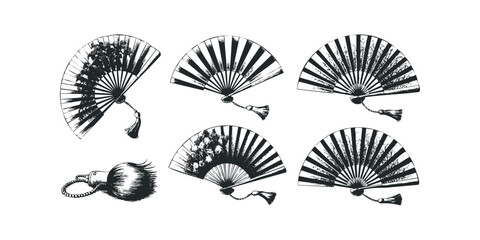 Six traditional hand fans with decorative tassels