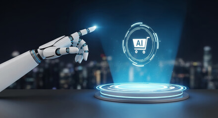 Ai generative customer support ecommerce robotic hand hologram shopping cart ai technology platform futuristic service