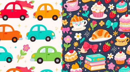 Fototapeta premium Two vibrant, playful seamless patterns: left side features colorful cartoon cars on a pastel background with flowers; right side showcases sweet treats like cupcakes and croissants alongside books and