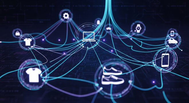 Ai generative customer support ecommerce network connection digital retail product icon laptop shoe shirt smartphone gear headset sensor