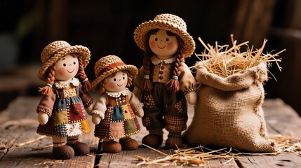 Three handmade scarecrow dolls in patchwork clothes and straw hats stand beside a burlap sack filled with hay, set on rustic wooden planks  evoking a cozy, countryside charm.