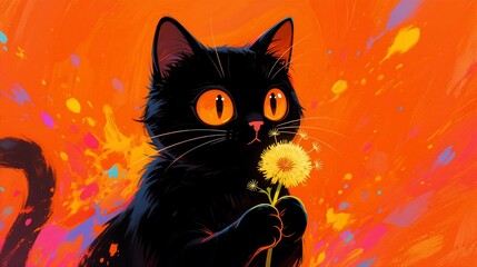 A striking black cat with glowing orange eyes holds a bright yellow dandelion against a vibrant, abstract background of fiery oranges and splashes of colorcreating a whimsical, artistic contrast betwe