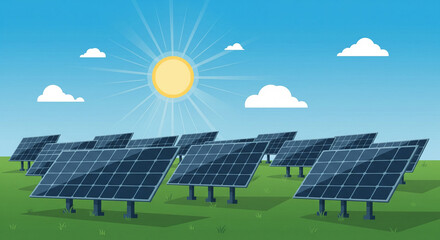 Vector illustration of solar panels with shining sun and clear blue sky, renewable energy concept, flat design.