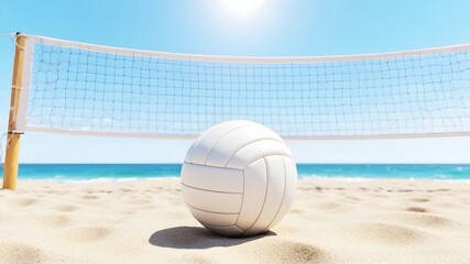 White volleyball on beach sand with volleyball net, clear blue sea and clear sky in background