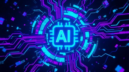 Obraz premium Neon-lit AI circuitry design with glowing blue and purple digital patterns, symbolizing futuristic artificial intelligence technology.