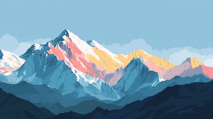 Flat vector illustration of stylized Everest mountain range, abstract flat layers, bold poster design1