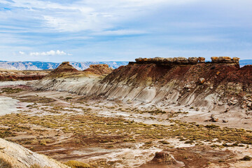 Unusual Boulder-Topped Colorful Cliff in Devil's Kitchen Geologic Site near Greybull Wyoming.
