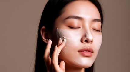 A serene woman gently applies a creamy facial treatment, eyes closed in relaxation against a soft beige backdrop.
