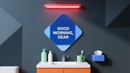 Minimalist and modern style bathroom with a sink, a diamond shaped mirror displaying the words "GOOD MORNING, DEAR"