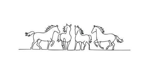 Four horses running in a minimalist continuous line drawing