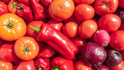 Vibrant red vegetable background with fresh tomatoes, bell peppers, and onions. Organic harvest heap perfect for healthy food, cooking ingredients, and market concepts.