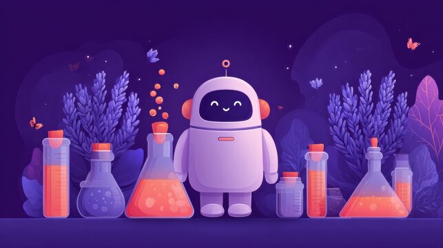 Cheerful Robot in a Whimsical Laboratory Filled With Colorful Potion Bottles and Nature Elements