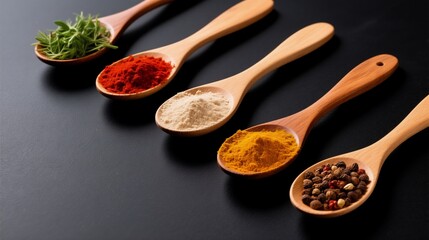 A row of wooden spoons arranged diagonally on a dark surface, each holding different spices and herbs: fresh rosemary, red peppercorns, white powder (likely salt or flour), turmeric, paprika, and mixe