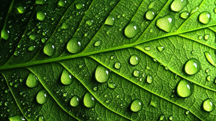 fresh green leaf covered with raindrops and highlighted by the sun
