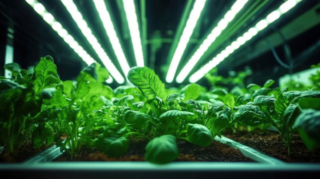 vibrant indoor garden with lush green plants illuminated by bright LED lights