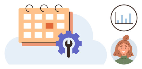 Calendar with gear icon, chart in a circle, female avatar, soft cloud. Ideal for planning, organization, productivity, analytics teamwork scheduling time management. Simple flat metaphor
