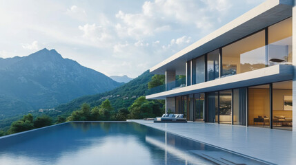 Perspective of modern building with terrace and swimming pool on mountain view background